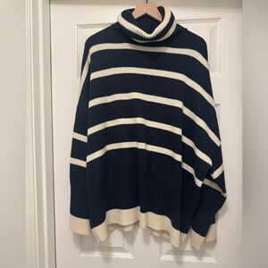 Topshop Navy and Cream Striped Turtleneck Sweater
